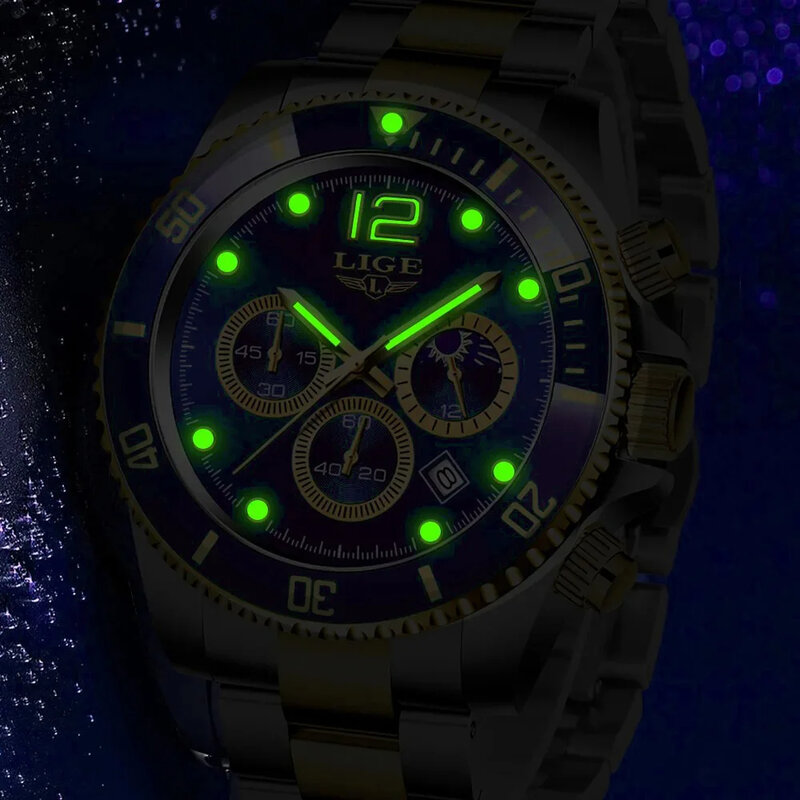 LIGE 남성용 방수 스포츠 시계, 탑 브랜드 럭셔리 시계, 스테인레스 크로노그래프 쿼츠 손목시계, Relogio Masculino + 박스