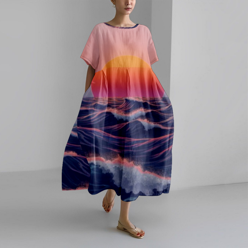 2024 Sommerkleid Wave Print Kleider Strand Overs ize Kleid Mode Party Frauen Kleidung Mädchen elegante Robe trend ige Vestidos de Mujer