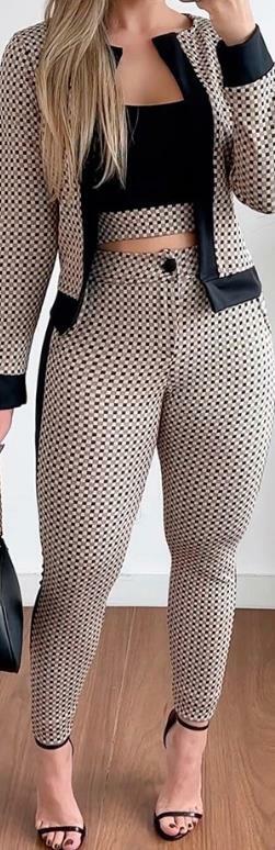 Женский комплект из двух предметов, Весенняя модная клетчатая куртка с контрастными вставками и длинным рукавом и элегантные облегающие брюки