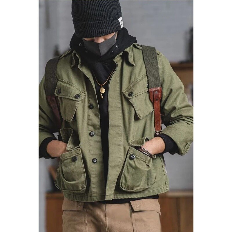 Retro Heavy Men Jacket Casual Cotton Washed Workwear Coat  Autumn Multi-Pocket Casual Solid Cotton Overcoat Fashion Overalls