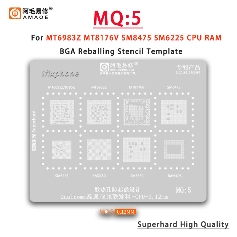 Amaoe MQ5 BGA Reballing Estêncil Para MT6859Z MT6983Z MT8176V SM8475 SM6225 SM7450 SM8550 RAM496 CPU RAM Reparação Net Tin