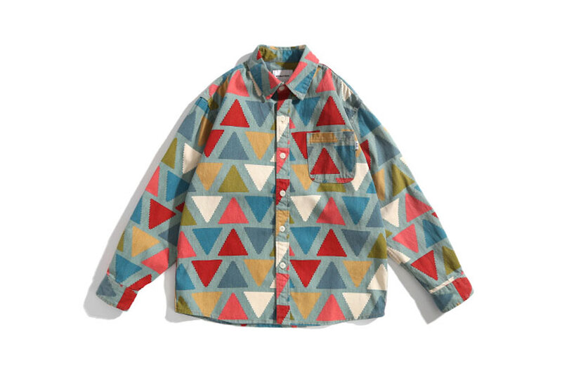 Kemeja motif pola geometris pria, jaket kaus lengan panjang katun sederhana Jepang bercetak pola geometris tekstur tinggi untuk pria
