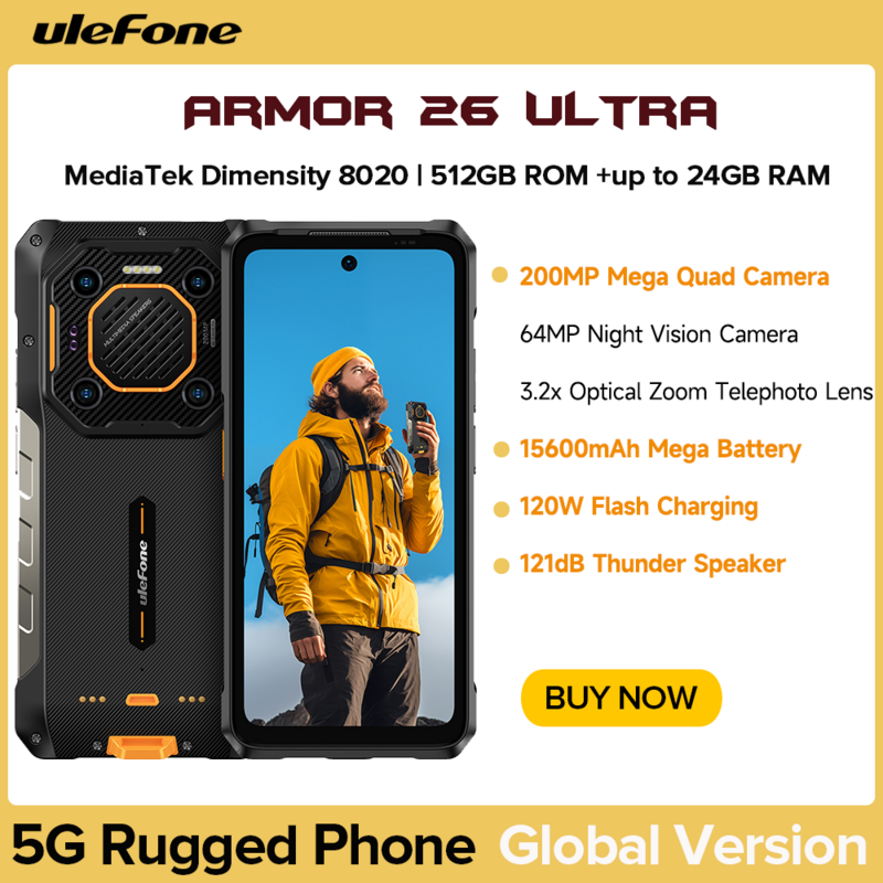 Ulefone-Smartphone Armor 26, Ultra Robuste, Étanche, 5G, 120W, 15600mAh, 200MP RAM, Jusqu'à 24 Go, Dean 512 Go