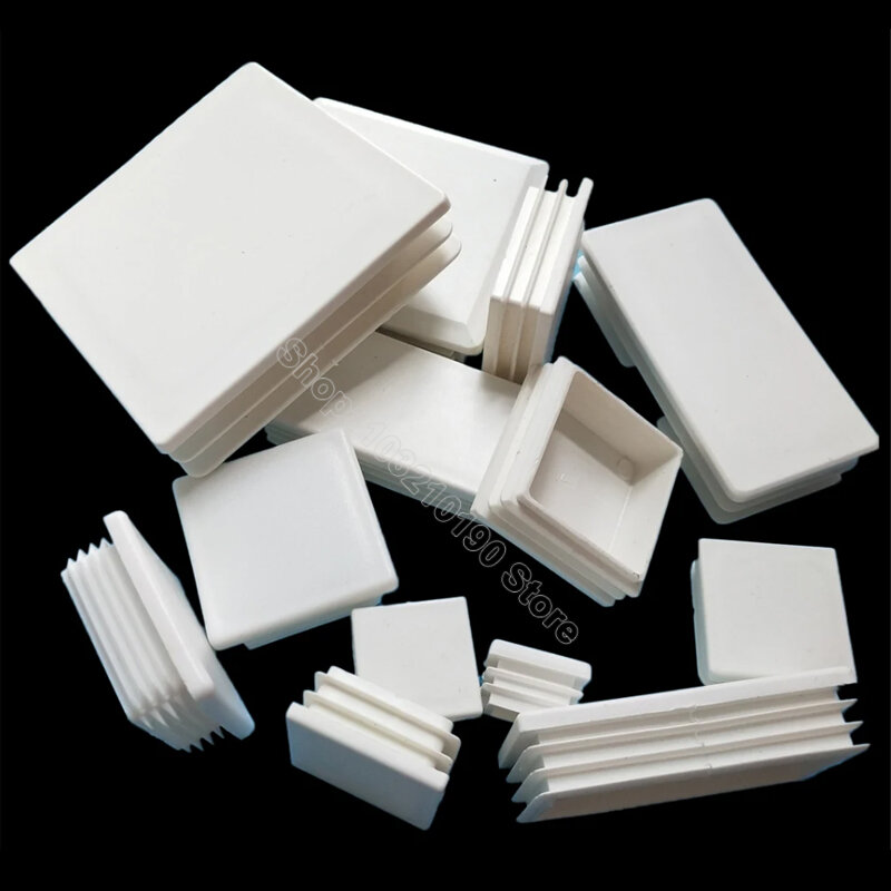 Plástico branco tampão de extremidade anulando, tubo insere plugues, mesa pés pad, retângulo ou quadrado, tubo Bung, 10x20mm a 200mm