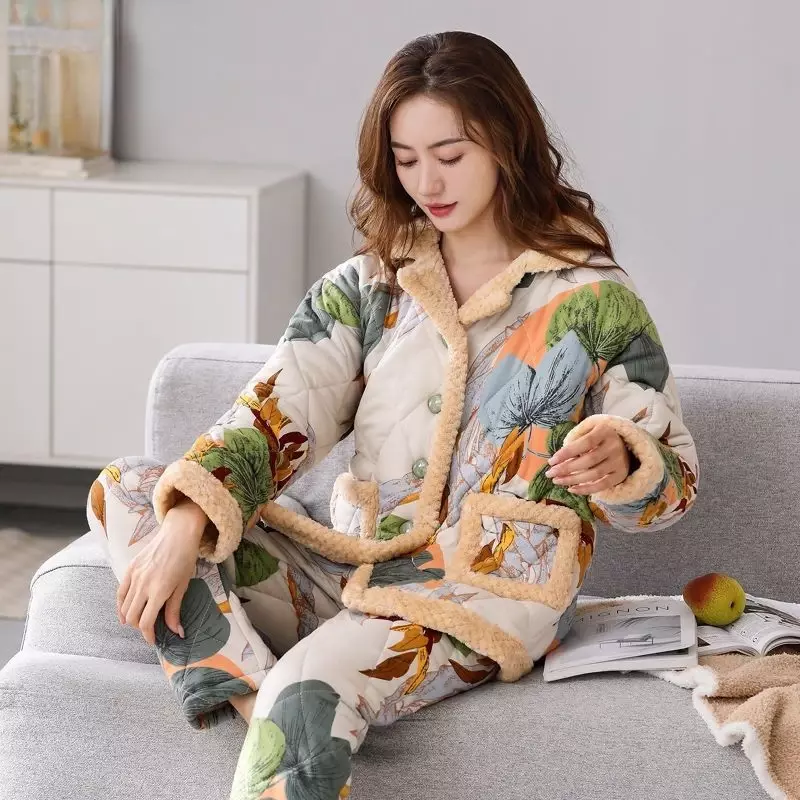 Pijamas acolchados tejidos de tres capas para mujer, ropa de dormir cálida de felpa gruesa, informal, con cuello levantado, para invierno, 2024