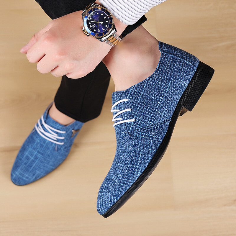 Buty Oxford dla mężczyzn luksusowe markowe męskie buty oddychające ze spiczastym noskiem płótno lniane buty biznesowe męskie obuwie na co dzień rozmiar 38-48