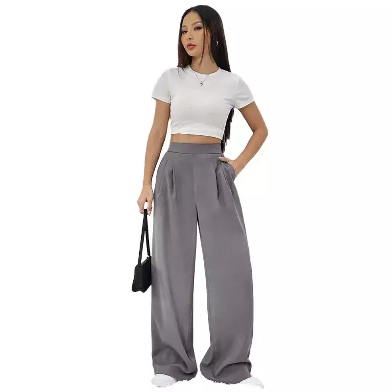 Pantalon large à jambe droite pour femme, taille élastique, poche, style décontracté, streetwear coréen, nouveau, 2024, YSQ29