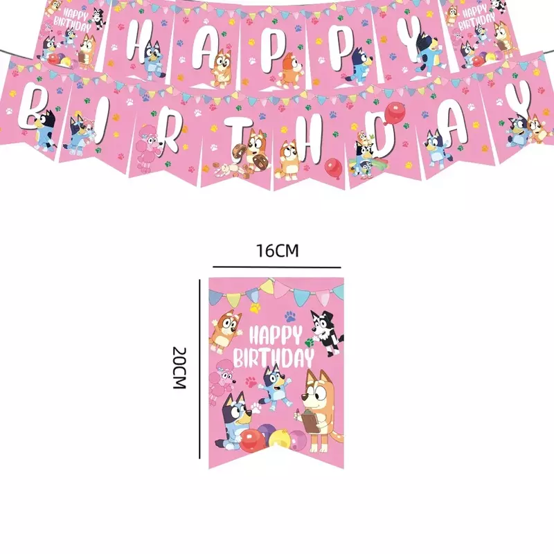 Cartoon Pink for Blueys Dog Birthday Party Supply Disposable Banner Cake Topper Hanging Flag Balloons Set Birthday Decorations