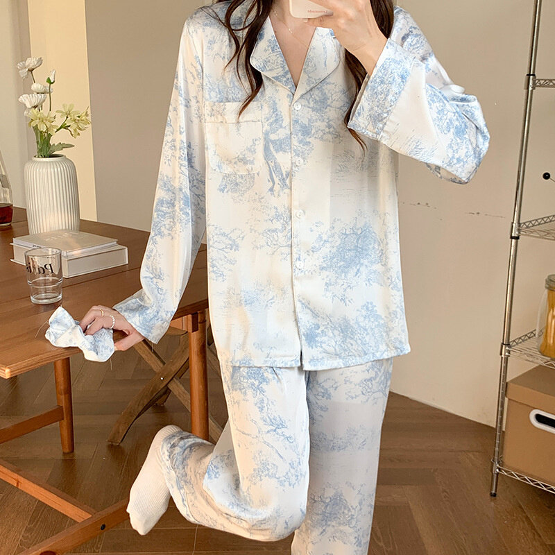 Pijamas femininos com gola de lapela, roupa doméstica rayon estilo francês, camisa e calça, pijamas com bolsos, novo loungewear, 2 peças