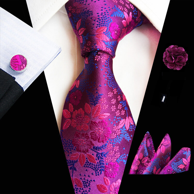 Floral Pink Ties Set For Men Wedding Party Neck Tie Set Handkerchief Brooch Cufflinks Men Accessories High Quality Gravata