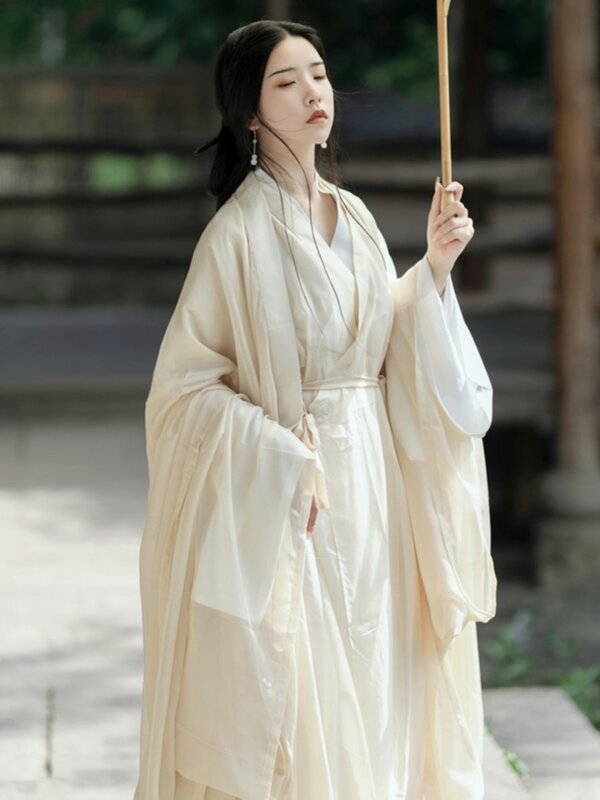 Hanfu gaun gaya kuno wanita Wei Jin baru 2024 kostum Jin buatan kerah silang Super peri gaun gaya kuno elegan