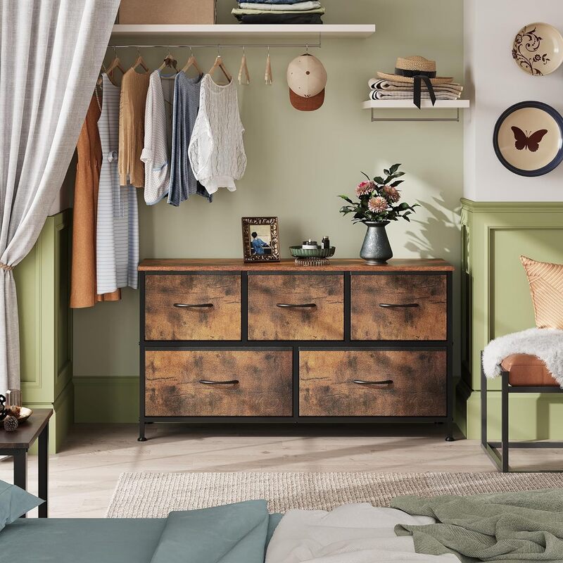 Комод WLIVE для спальни с 5 ящиками, широкий комод для гостиной, прихожей, деревенский комод с коричневой текстурой древесины