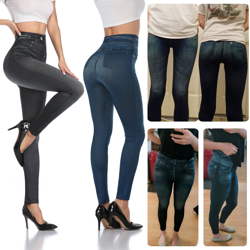 Wysokiej talii sztuczny jeans legginsy z nadrukami kobiety Sexy smukłe spodnie ołówkowe kontrola brzucha bezszwowe spodnie Shapewear bez kieszeni
