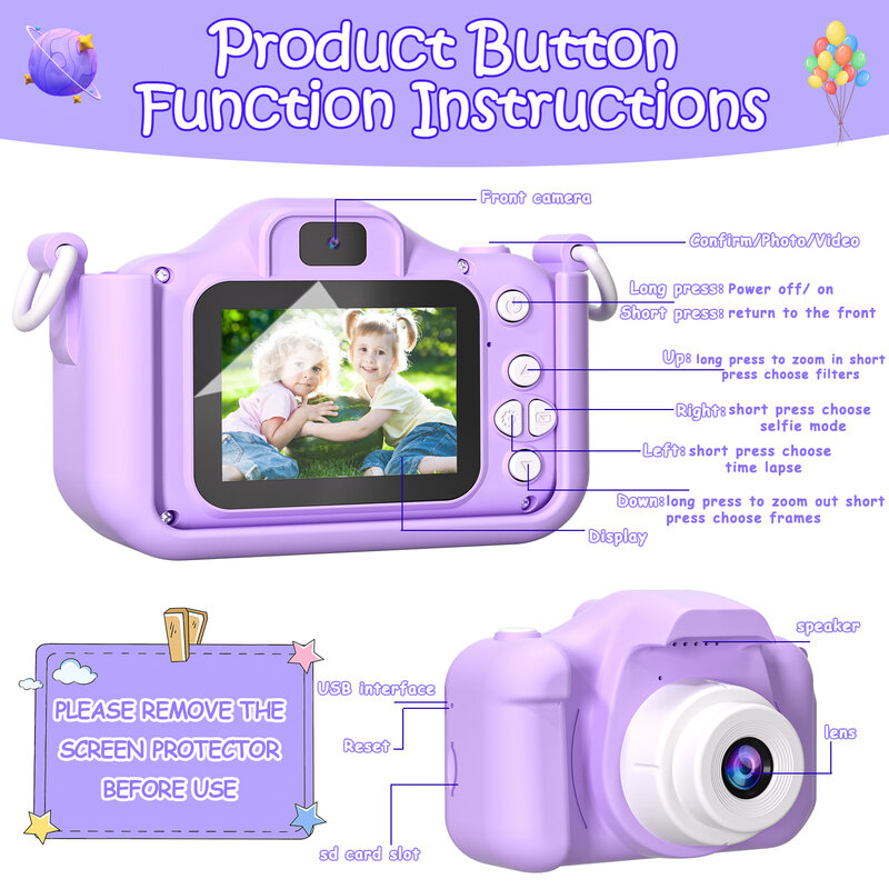 Mini kamera dla dzieci aparat fotograficzny zabawki dla chłopców/dziewczynek, cyfrowy aparat fotograficzny dla malucha wideo z kartką SD 32G na świąteczne prezenty urodzinowe