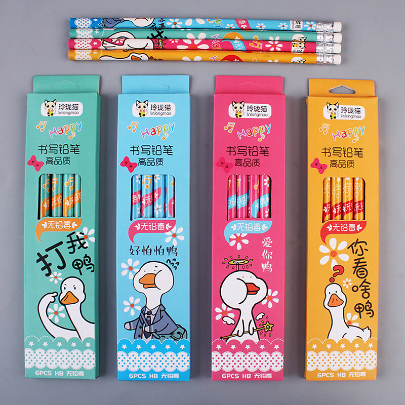 6Pcs/box Kawaii Pencils Korean Stationery Supplies Cute Cartoon HB Pen with Duck Pattern Gifts for Kids