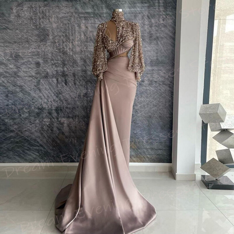 Classic Graceful Women's Mermaid Modern Evening Dresses Modest High Neck Sequined Prom Gowns Long Sleeve Pleated فساتين سهرات