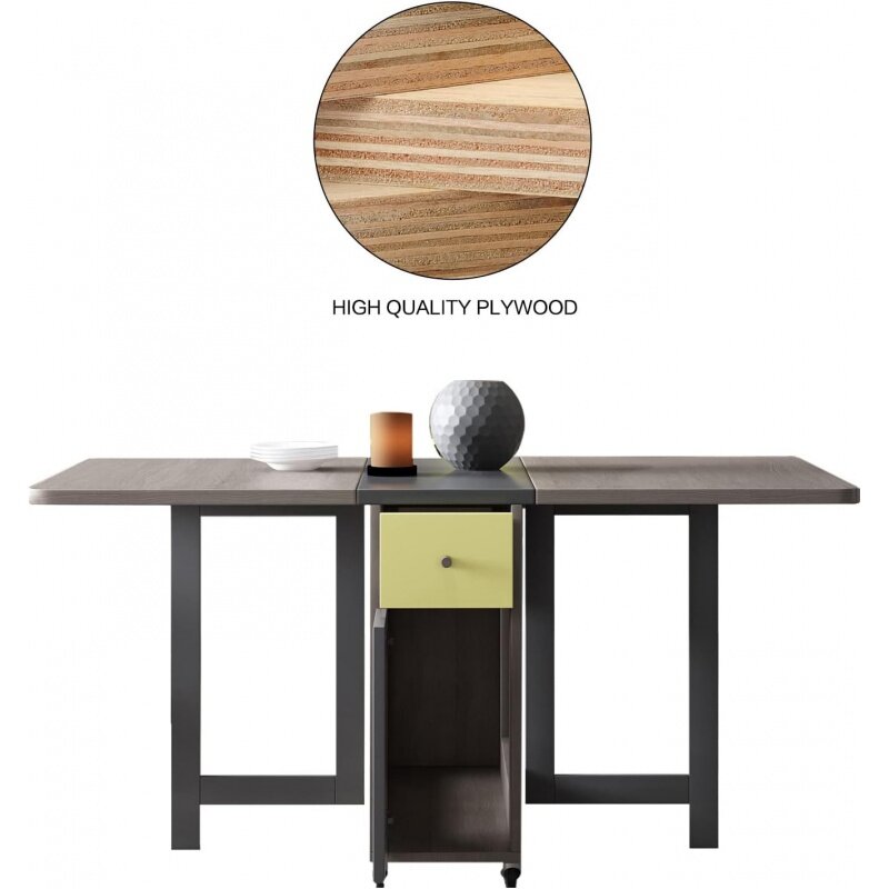Meja Makan lipat dengan rak penyimpanan dan 2 laci, Meja dapur bergerak dapat diperpanjang serbaguna hemat ruang dapat dilipat