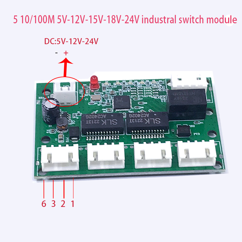 Mini PCBA 5 puertos Networkmini ethernet switch module 10/100Mbps 5V 12V 15V 18V 24V