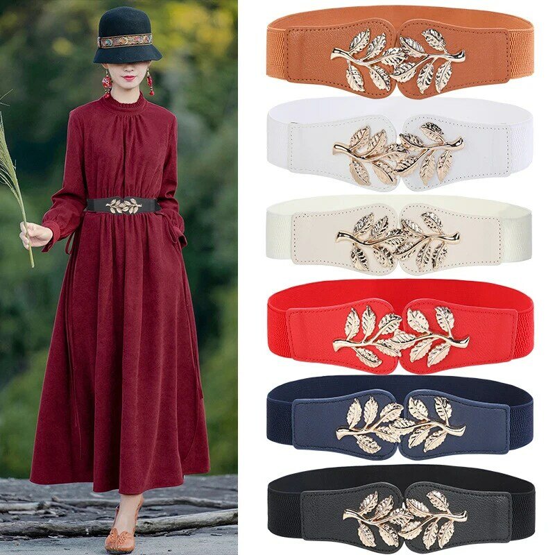 1Pc Women's Elastic Slimming Belt Retro Metal Leaf Fashion Decorative for Ladies Dress Shirt Windbreaker Leather Waist Sealing
