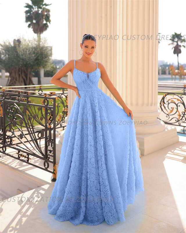 Jasnoniebieskie tiulowe suknie wieczorowe paski Spaghetti bez rękawów długie damskie kwiaty księżniczki formalne suknie na bal 2024