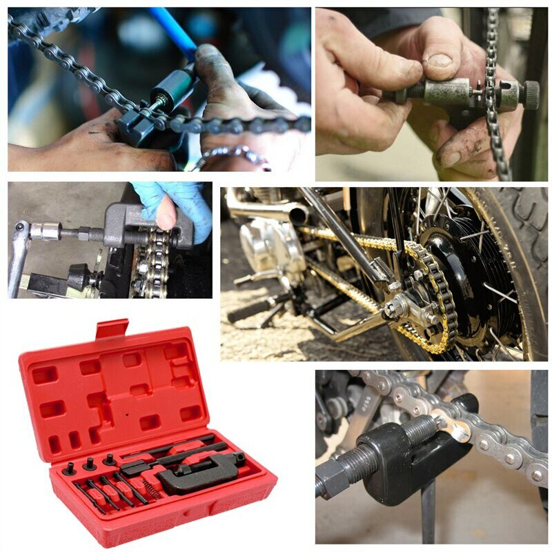Juego de herramientas de reparación de cadena de motocicleta, 13 piezas, divisor de cadena de motocicleta, remachadora de montaña, enlace resistente, anillo redondo para bicicleta