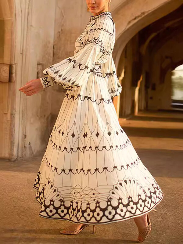 Kobieta w stylu dworskim Temperament Grace z długimi rękawami, klamrą do paska, modna sukienka z geometrycznym nadrukiem