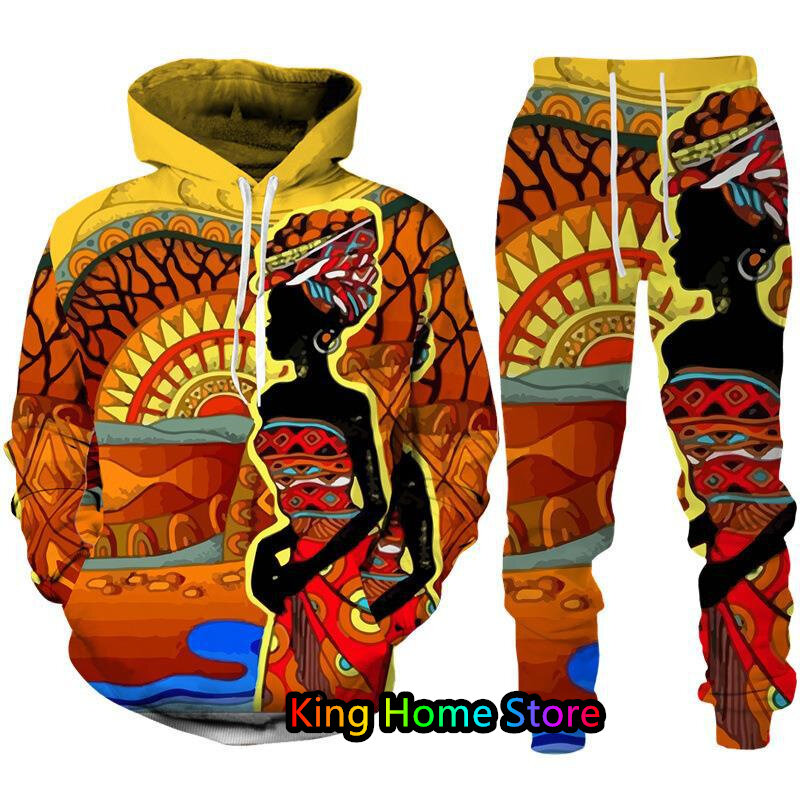 Fashion African Ethnic Style Men Women Hoodie Sets Men'sb Casual Hooded Sweatshirt Jogging Trouser Outfit Man Pullover Hoody