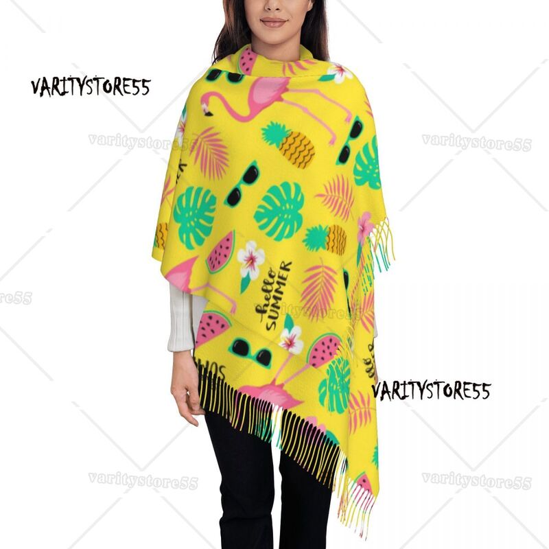 Женская шаль с большими фламинго и листьями, осенняя Толстая теплая шаль с кисточками, шарф с тропическим рисунком ананаса