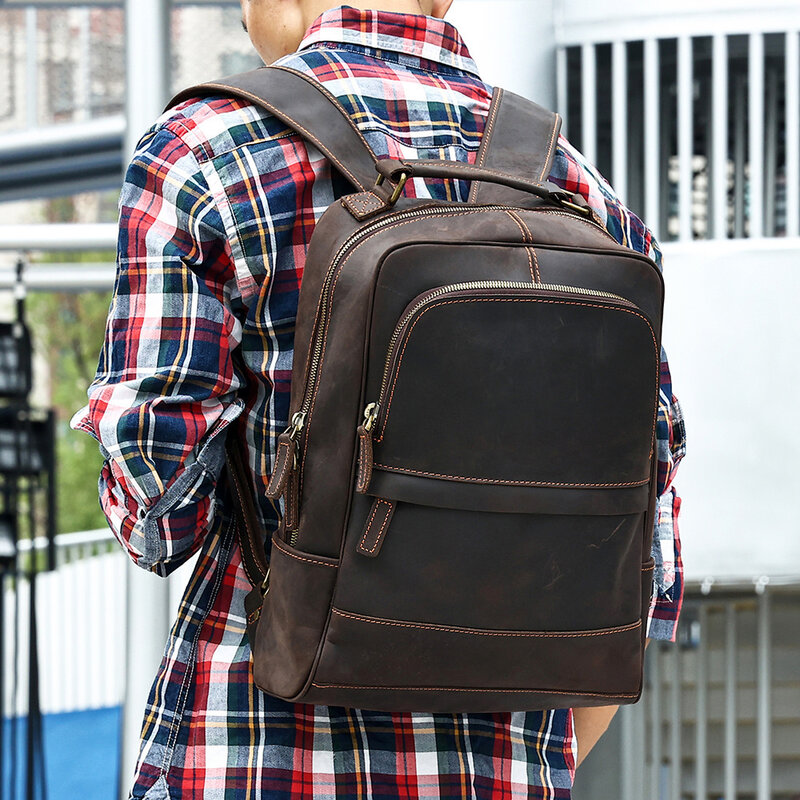Винтажный кожаный мужской рюкзак Crazy Horse для ноутбука 15,6 дюйма, рюкзак, школьная сумка из воловьей кожи, повседневный рюкзак, дорожный рюкзак