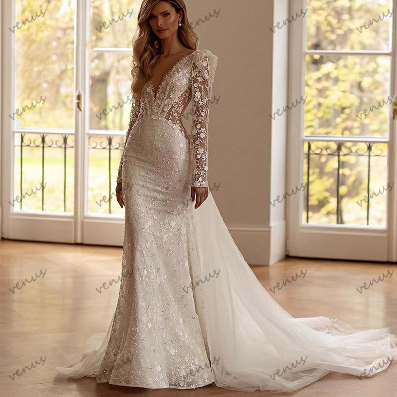 Gaun pernikahan yang indah gaun pengantin Backless leher-v rendah seksi gaun pengantin renda applique jubah panjang lantai untuk pengantin Vestidos De Novia