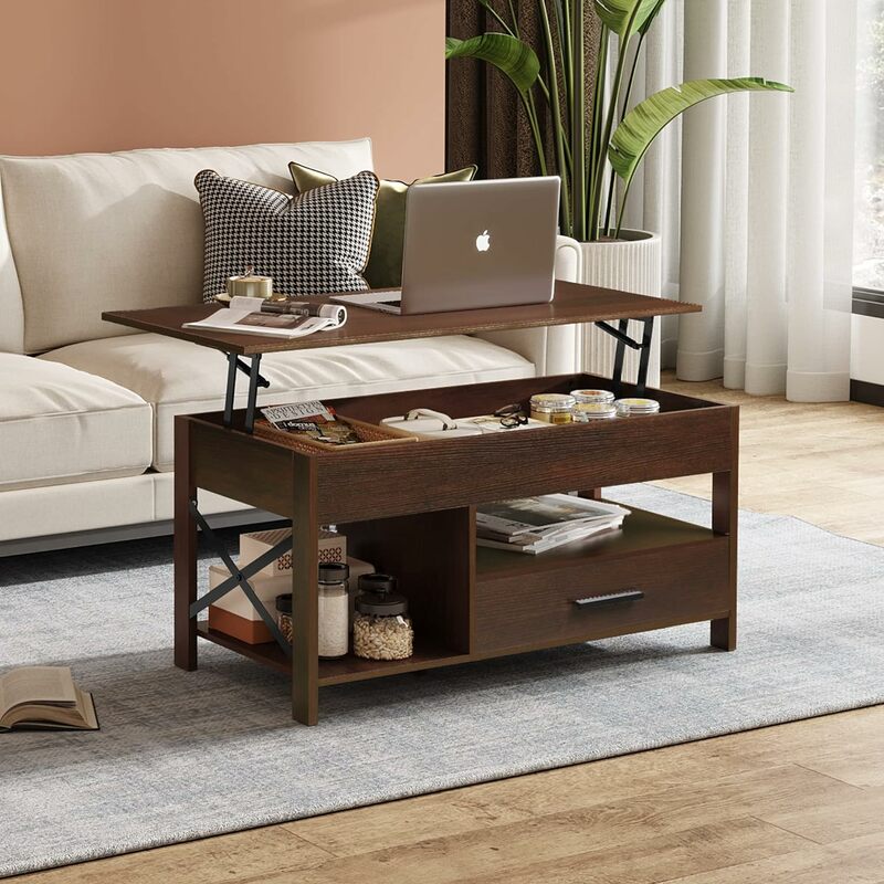 โต๊ะกาแฟยกสูงสำหรับห้องนั่งเล่นโต๊ะกาแฟพร้อมที่เก็บของช่องซ่อนและกรอบโลหะโต๊ะกลางสำหรับต้อนรับ