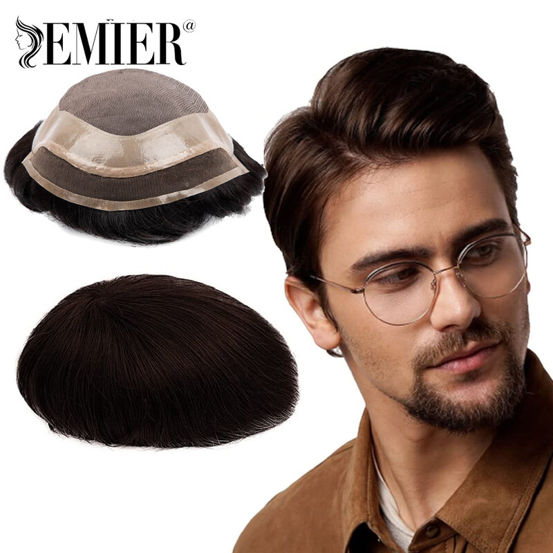 Prothesis-pelucas de cabello humano indio para hombres, Base de NPU frontal de encaje, tupé, sistema de reemplazo de cabello liso, Unidad de cabello