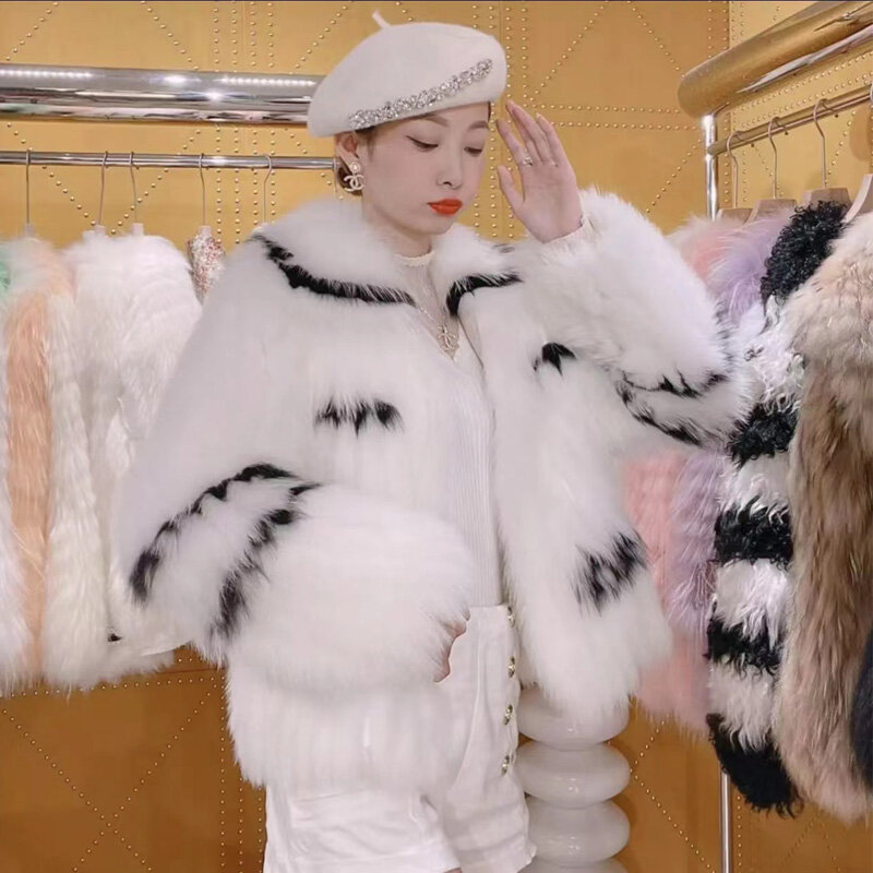 세련된 스트라이프 컬러 정품 여우털 니트웨어 코트 여성용, 모피 의류, 큰 턴 다운 칼라 모피 재킷 WF02, 겨울