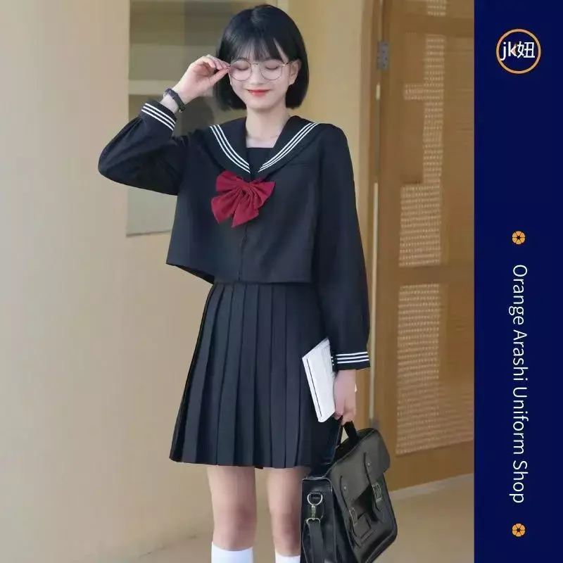 Seragam JK hitam putih musim panas lengan pendek/panjang seragam sekolah Jepang gadis pelaut set rok lipit JK kostum COS
