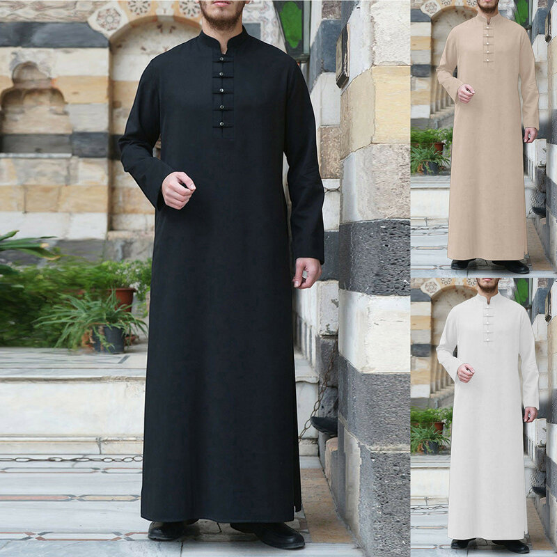 Muslim Robe Men Jubba Thobe Saudi Arabia Kaftan Solid Color Stand Neck Homme Abaya Caftan Islamic Clothing Islam Dress Eid