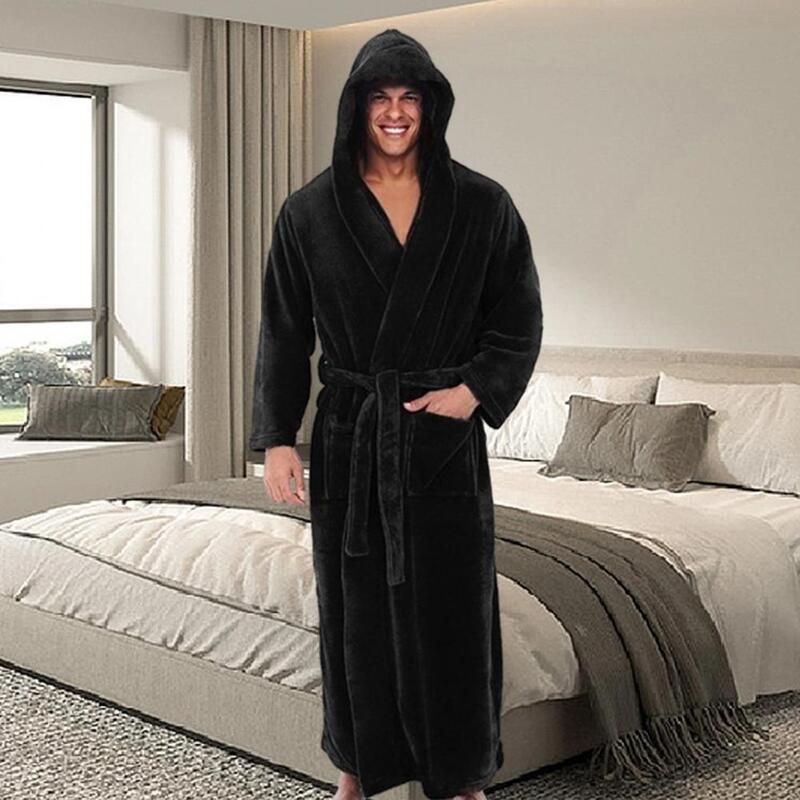 Мужской банный халат с капюшоном и регулируемым ремнем, супермягкий пушистый однотонный банный халат с высокой впитывающей способностью и карманами