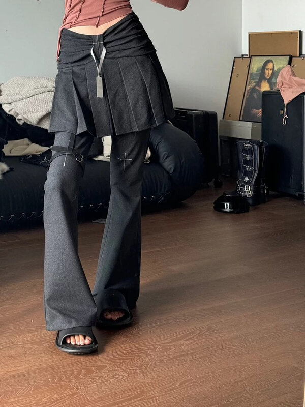 HOUZHOU celana antik Punk Gotik wanita Amerika Retro Y2k motif silang grafis palsu dua potong rok kaki lebar celana suar 2024