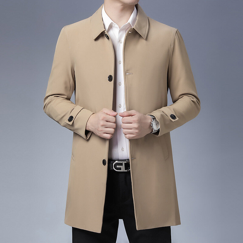BROWON mantel Trench kasual bisnis pria, jaket penahan angin warna polos kerah lipat 2024 untuk lelaki