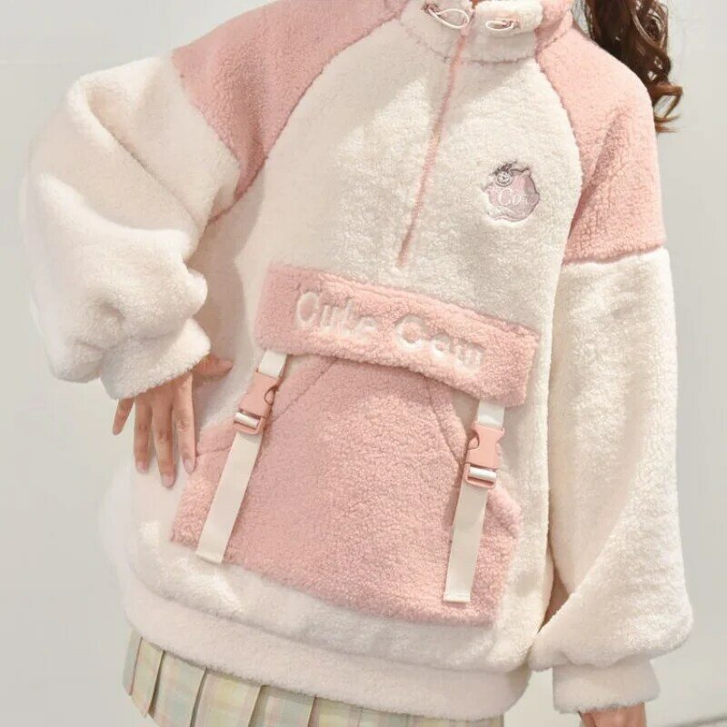 Japoński imitacja kaszmir jagnięcy bluza z kapturem dziewczyny dorywczo słodkie Kawaii jumper z polaru pogrubienie 2022 zimowe ubrania kobiet