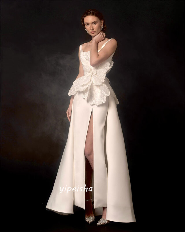   Simple Modern Style Formal Evening Square Collar A-line Flowers Satin Bespoke Occasion Dresses