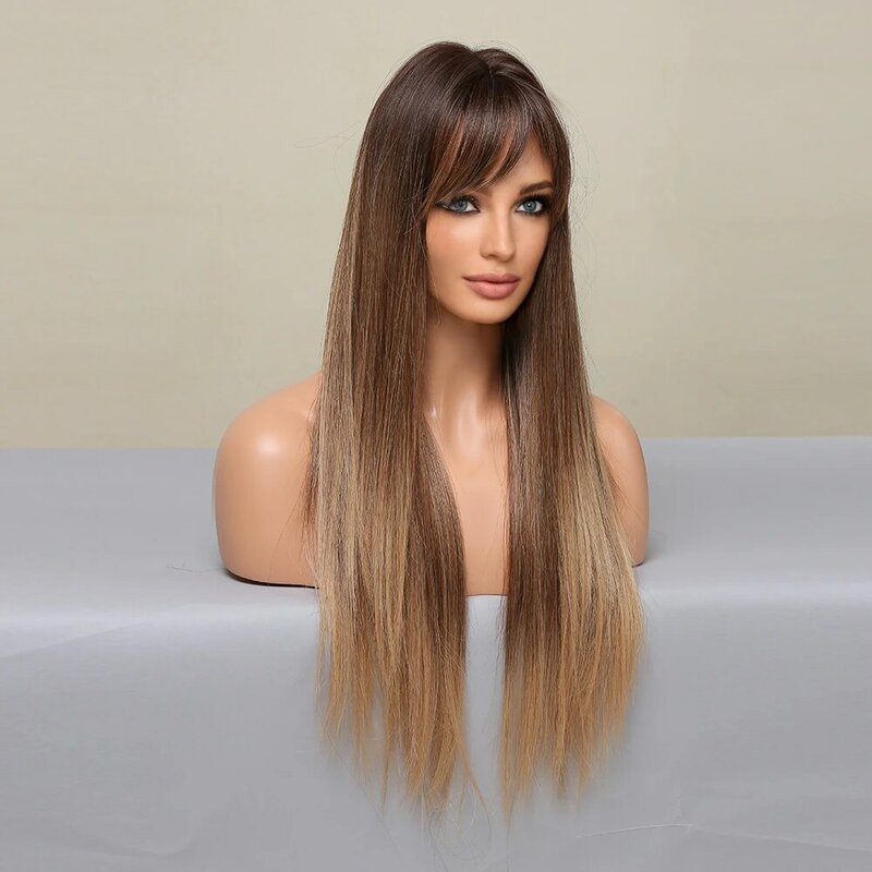 TINY LANA-Peluca de cabello sintético para mujer, cabellera artificial largo y liso con flequillo, color rubio y marrón, Natural, resistente al calor, color negro y dorado