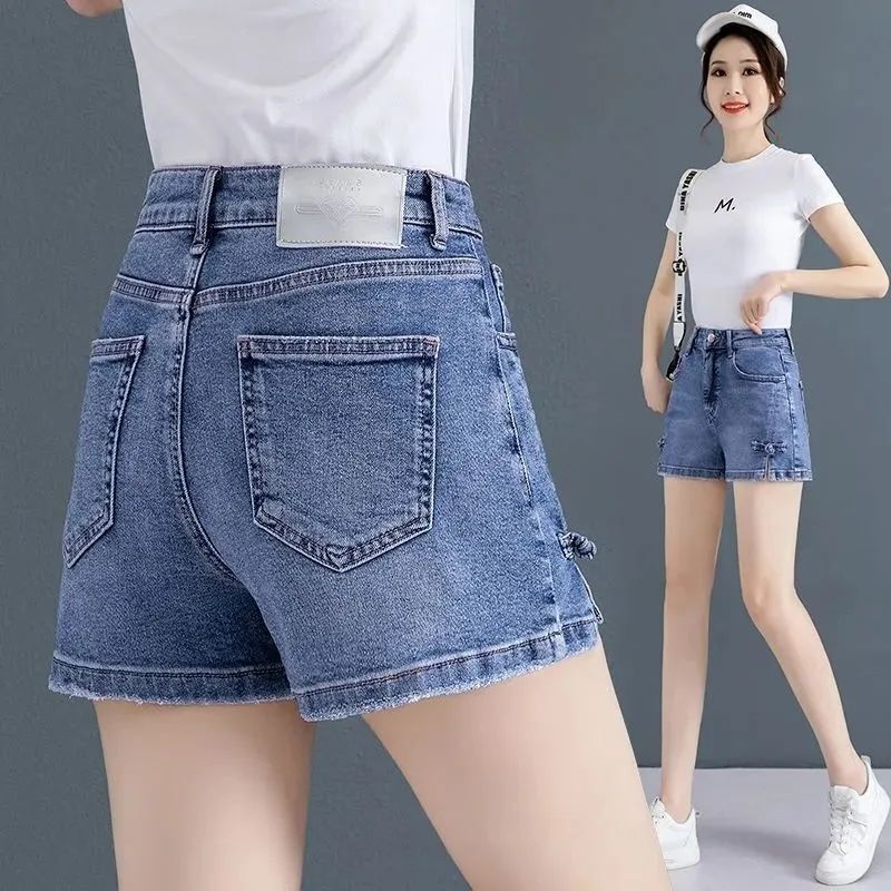 Calções jeans casuais de cintura alta, moda justa, A-Line, Novo, 2022