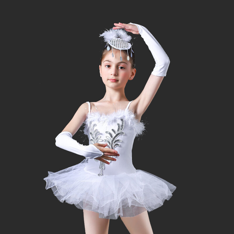 Vestido de balé tutu lantejoulas para meninas, collant Swan Dancewear, traje de bailarina com chapéu, 1 par de pulseiras, moda, 4 peças por conjunto