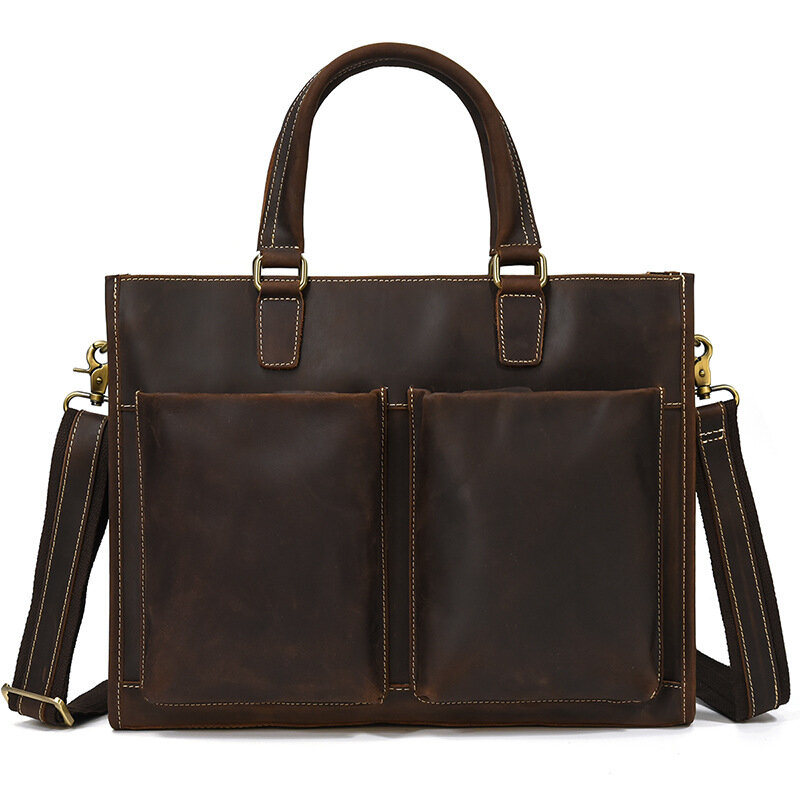 Genuine Leather Crazy Horse Briefcase Bag For Men Cowhide Luxury Vintage Executive Office Handbag Tote Business Shoulder  Bag