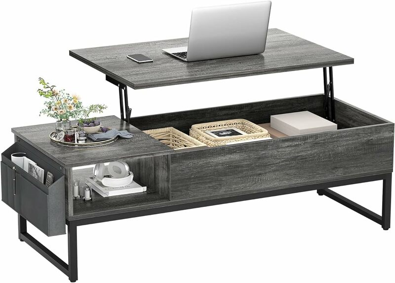 Aheaplus Lift Top Coffee Table with Storage, Wood Lifting Top Central Table Metal Frame, 43.3" Table with Side Pouch for Cocktai