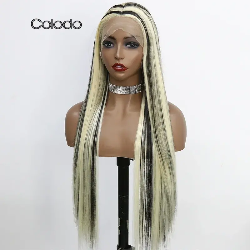 COLODO Silky Straight Synthetic Lace Front Wig Drag Queen Ombre 613 Black Cosplay Wigs for Women 30 Inch Heat Resistant Glueless