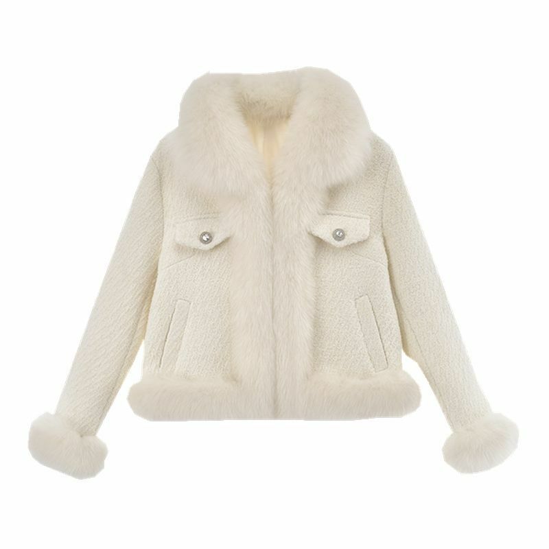 Casaco grosso de Tweed formal feminino, elegante gola de pele solta, casaco de pele emendada, estilo coreano, outono, inverno