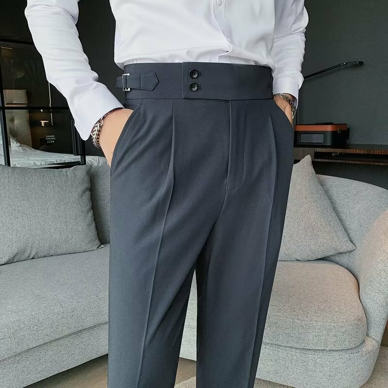 Calça masculina de cintura alta de estilo britânico, slim fit, negócio, fato casual, roupas masculinas, monocromática, primavera, verão, nova, Y2k