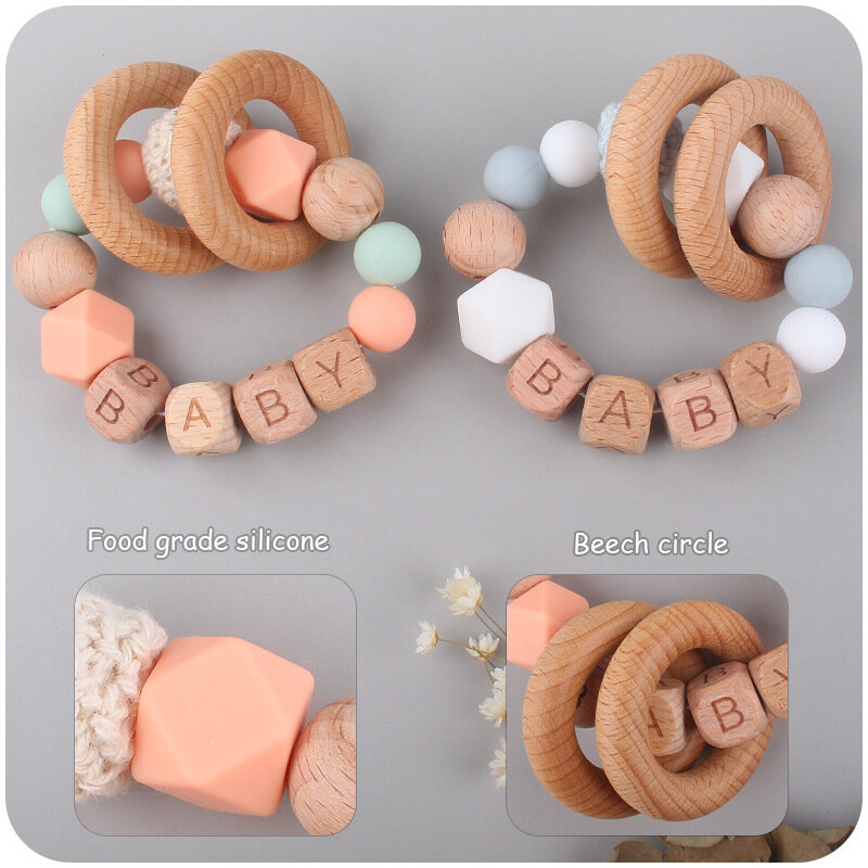 Baby Personalized Name Teethers Teething Toys DIY Accesories Wooden Cartoon Animal Silicone Bead Chew Newborn Molar Bath Gifts