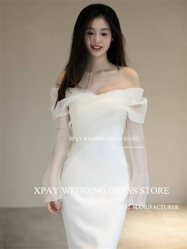 Xpay aus der Schulter Korea Meerjungfrau Brautkleider lange Flare Ärmel Brautkleid Fotos schießen Korsett rücken freie Falte Brautkleid